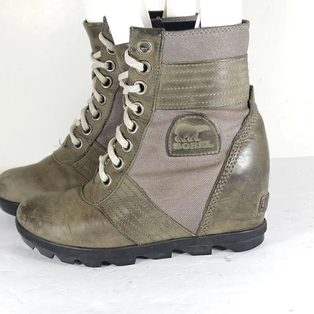 Sorel Womens Lexie US7 Gray Distressed Leather Canvas Lace Up Wedge Ankle Boots